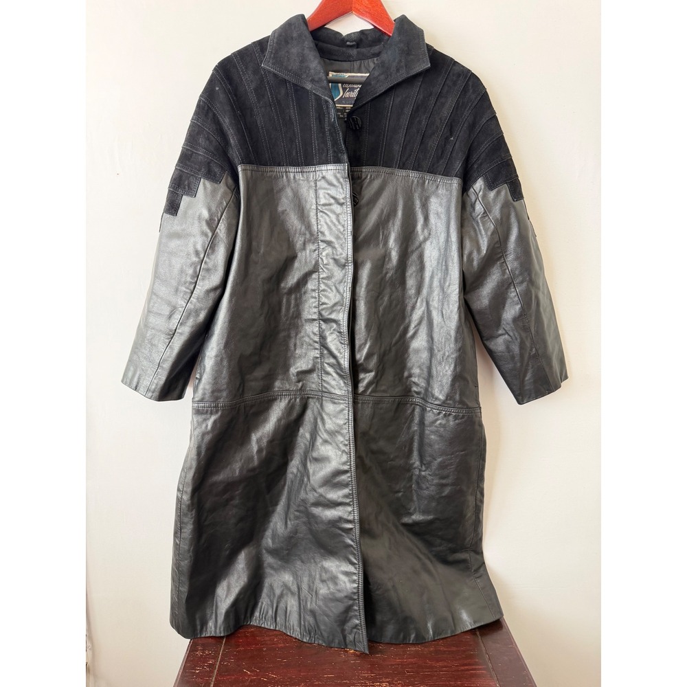 VTG Y2K Suburban Heritage Leather Trench Coat Suede Paneled Black Women's Medium